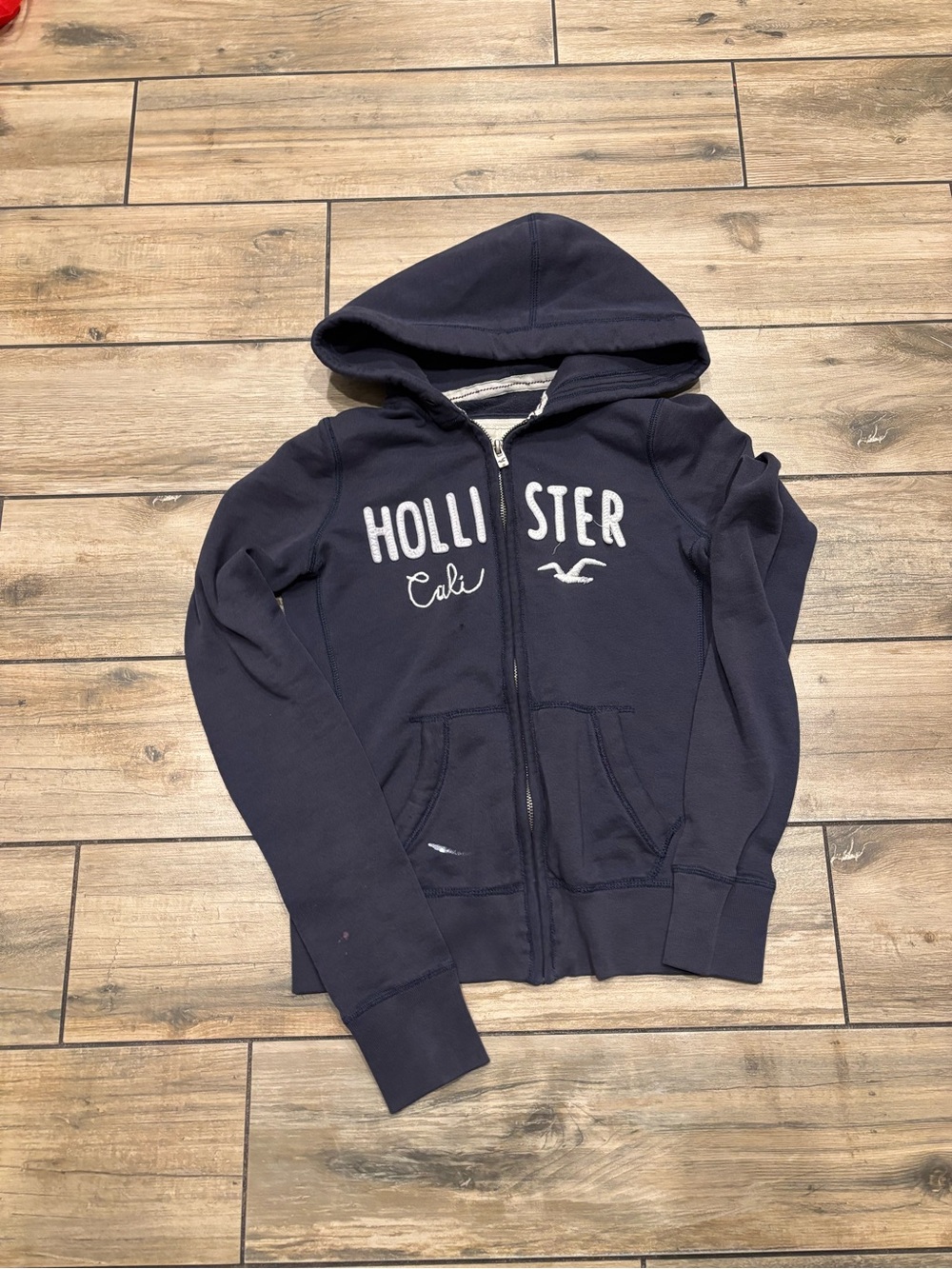Y2K Hollister Navy Blue Full Zip Spellout Hoodie Womens Small Distressed